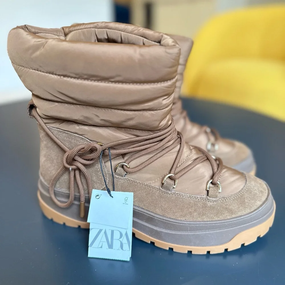 ZARA Viral Puffer Ankle Boots Brown Suede Nylon Winter Lace Up Chunky Sole NWT 9